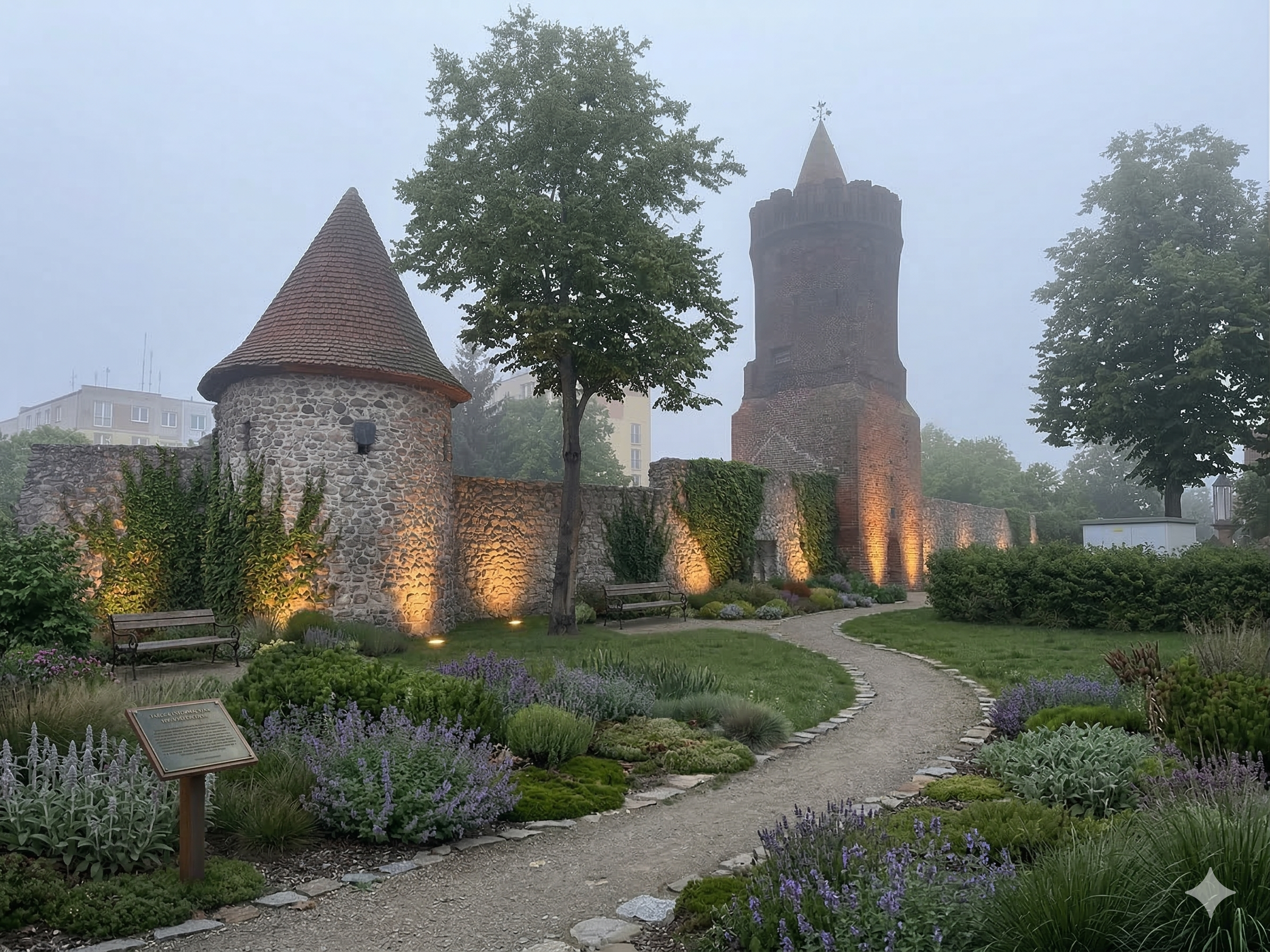 Ogród przy murach wieczorem